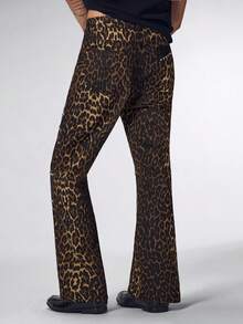 ROMWE MEN Street Life Men's Casual Fashion Street Leopard Print Patchwork Rivet Decor Flared Jeans - Brown - View 7