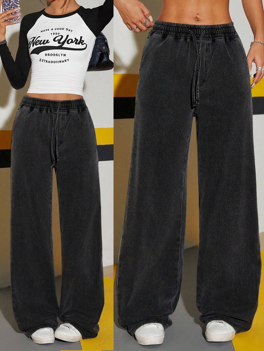 Teen Girl Casual Washed Drawstring Waist Wide Leg Jeans - Black - View 1