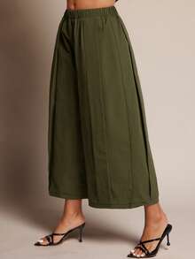 Vixey Elastic Waistband Panel Detail Culotte Office Pants - Olive Green - View 4