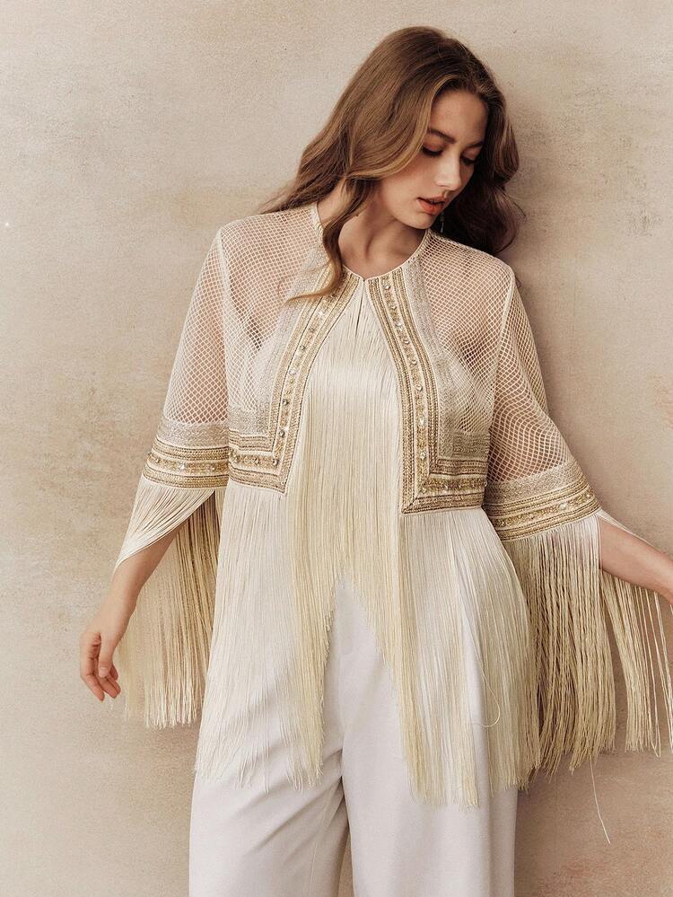 Valentine Elegant Personalized Bubble Bead Crafted, Tassel Grid Design Plus Size Women Jacket