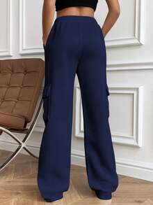 SHEIN PETITE 灰色抽绳腰带斜插口袋侧袋翻盖直筒长款休闲运动裤，时尚简约风格，适合娇小身材女性秋冬季穿着。 - 藏蓝色 - 查看 2