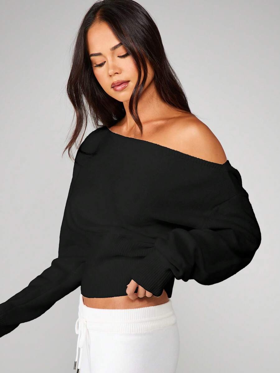 MISSGUIDED Off Shoulder Knit Sweater With Ribbed Hem And Cuffs Long Sleeve Pullover Crop Top For Fall Winter - Black - View 1
