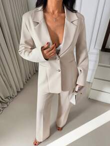 EURMUSE Women Two Pieces Outfits Blazer And Wide Leg Pant Suit Sets - Beige - View 3