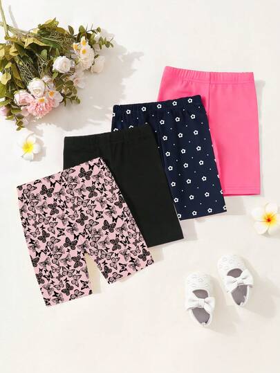 SHEIN 4件套女童可爱蝴蝶印花短裤，休闲舒适打底裤，适合日常穿着，婴幼儿夏季短裤