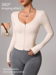 Gameset SHEIN Sport Women's Solid Color Long Sleeve Zip Collar Fitted Sports T-Shirt Zip Up Top Tummy Control TChic Autumn Jacket - Apricot - View 1