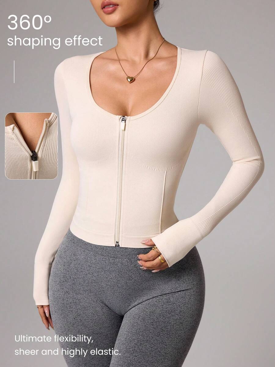Gameset SHEIN Sport Women's Solid Color Long Sleeve Zip Collar Fitted Sports T-Shirt Zip Up Top Tummy Control TChic Autumn Jacket - Apricot - View 1