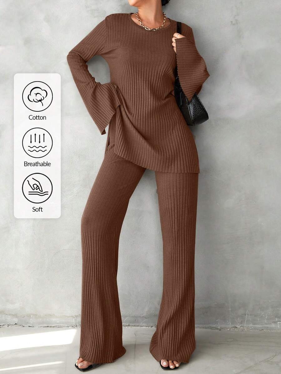 EURMUSE Cotton Solid Split Hem Tee & Flare Leg Pants - Chocolate Brown - View 1