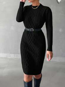 EURMUSE Women's Casual Solid Color Cable Knit Fitted Sweater Dress (Belt Not Included),Petite - Black - View 3