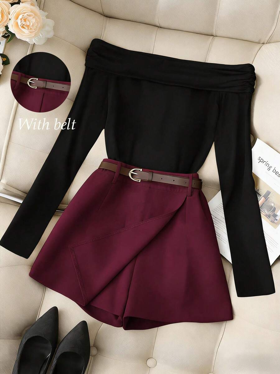 Franclia 休闲时尚通勤百搭黑色单肩褶皱长袖上衣搭配卡其色短裤/半裙（含腰带），女士两件套套装，春秋季 - 中紫紅色 - 查看 1