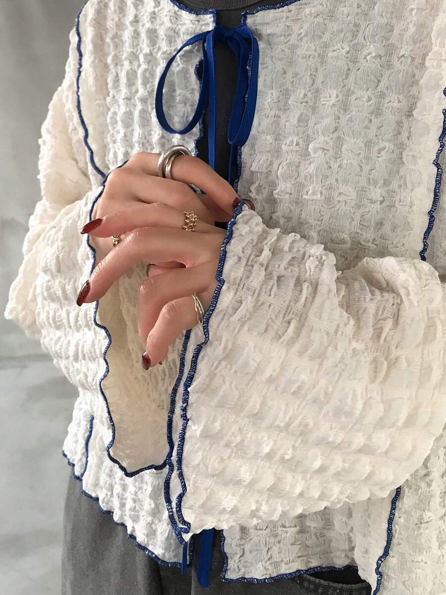 FRIFUL Women's Frill Trim Flare Sleeve Front Tie Loose Casual Blouse - Beige - View 1