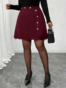 Elenzga Chân váy nữ cỡ lớn thanh lịch với viền ren, cúc kim loại hình hoa và khóa kéo, phù hợp cho việc đi làm. - Màu Đỏ Sâu - Xem 6