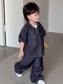 DAZY Bộ áo sơ mi cổ bẻ và quần jeans dáng rộng cho bé trai. - Rửa tối - Xem 3