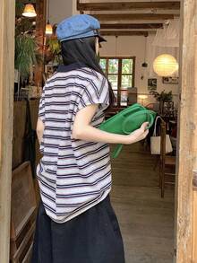 DAZY Women's Loose Striped Polo Collar Cap Sleeve T-Shirt - Blue - View 2