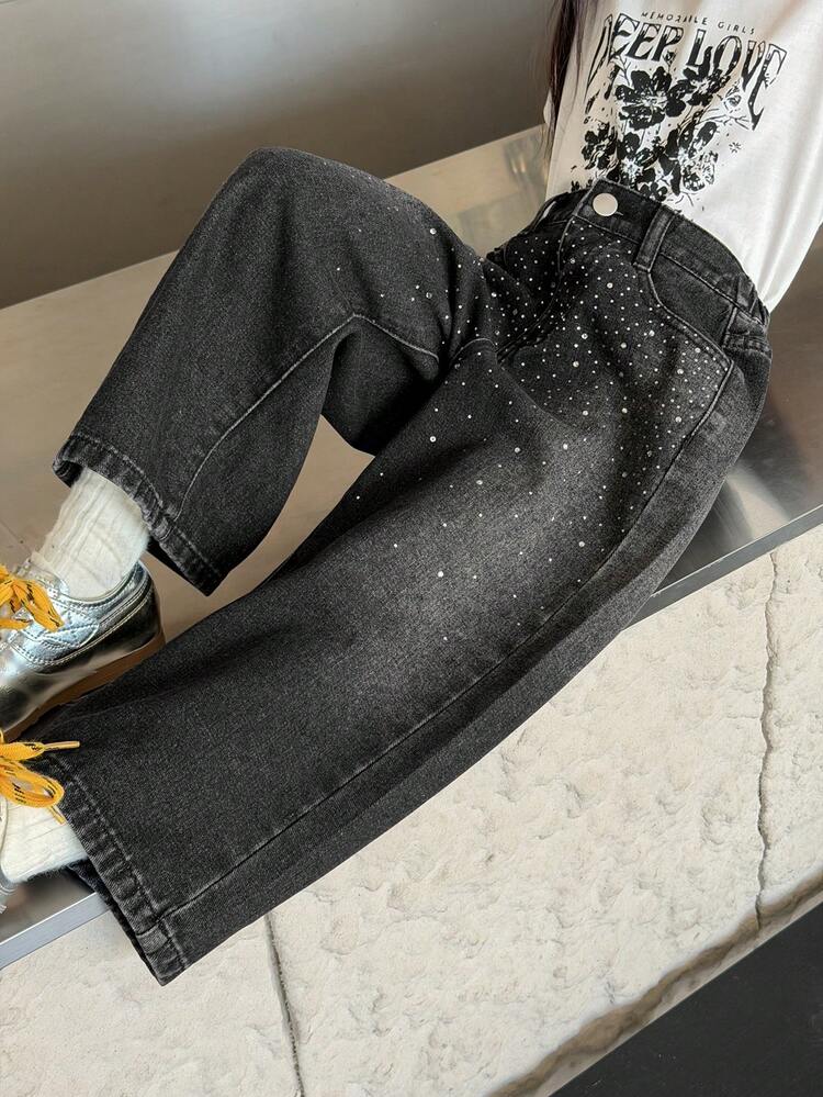 Young Girls Casual Korean Style Washed Rhinestone Loose Denim Jeans