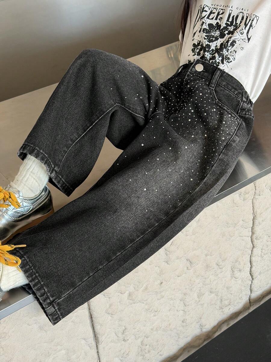 DAZY Quần jean denim dáng rộng phong cách Hàn Quốc thường ngày dành cho nữ, đính đá, đã qua xử lý. - màu đen - Xem 1