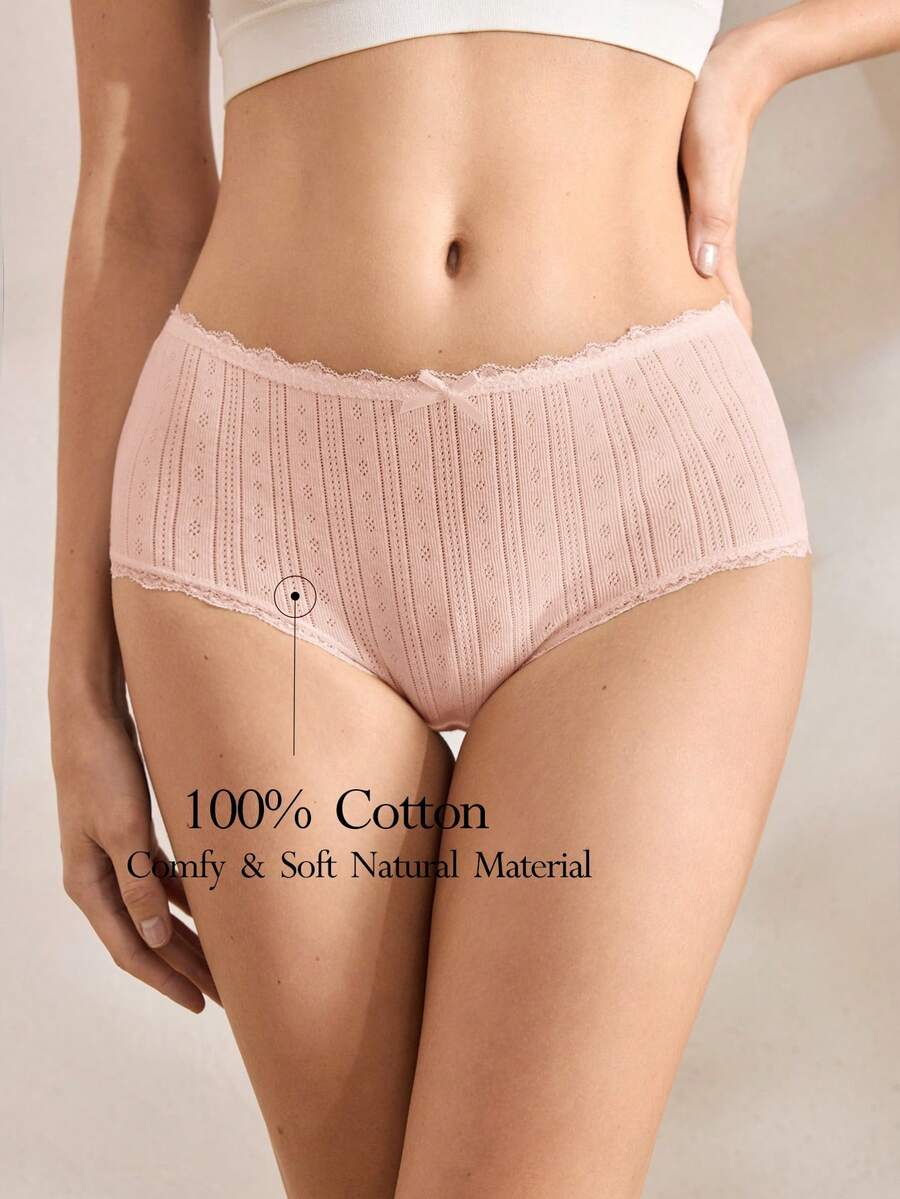 Ocili Women's Romantic Solid Color Lace Trim Bow Decor 100% Cotton Soft Boyshorts - Apricot - View 1