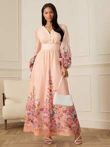 Lilora Elegantes hochwertiges, zart bedrucktes Maxikleid mit Blumenmuster für Frauen, mit Taillengürtel, V-Ausschnitt, Strass-Dekor, Rüschensaum und Puffärmeln