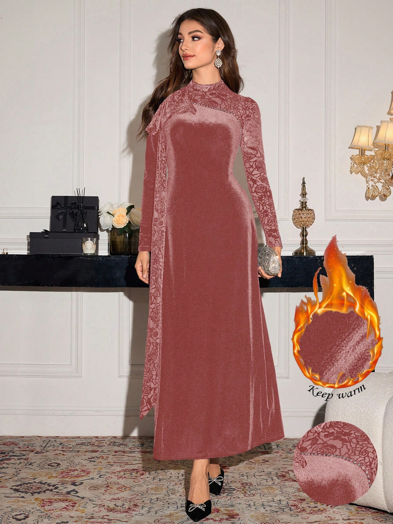 Modelyn رمضان فستان أنيق من الشمواه الأسود المرصع...