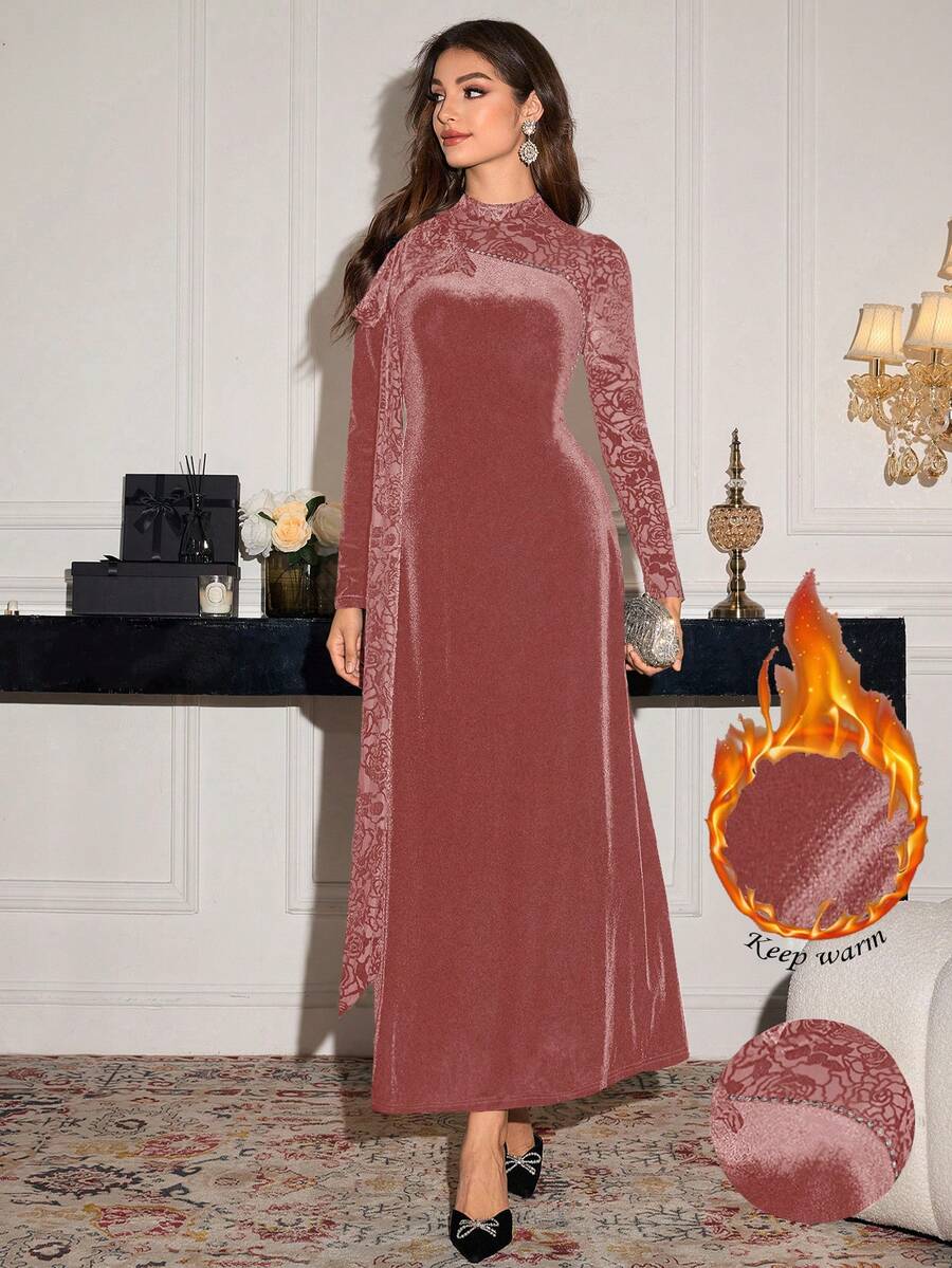Modelyn 优雅黑色丝绒水钻缎带连衣裙，女士秋冬款 - 粉色 - 查看 1