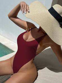 Swim SXY 2025款女士纯色性感吊带连体泳衣 - 酒紅色 - 查看 2