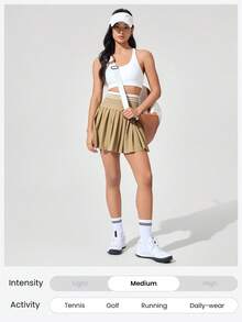 GLOWMODE 凉爽舒适，收腹提臀，无缝腰部褶裥裙，内置短裤，侧边口袋，防滑手柄，适合网球、高尔夫、健身房和日常休闲穿着。 - 駝色 - 查看 7