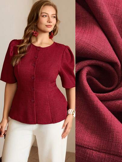 Roveilla Plus Size Women Solid Color Bamboo Knot Round Neck Waist A-Line Open Front Button Short Sleeve Chestnut Blouse Shirt, Elegant Vintage French Style For Office, Casual, Vacation, Afternoon Tea, Street, Simple Versatile, Spring/Summer New Burgundy Blouse Wine Red Top Red Blouses Work Blouse For Women Dark Red Tops