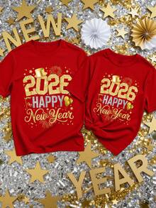 Manfinity Homme Men's Casual 2026 New Year Slogan Print Short Sleeve T-Shirt - Red - View 7