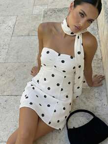 Cévolie 法式复古波点无肩带系腰短裙 - 黑與白 - 查看 4