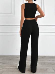 EURMUSE Conjunto de 2 piezas de top corto y pantalones de punto de canalé de algodón - Negro - Ver 2