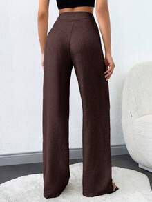 SHEIN Tall 高个子女士纯色斜口袋直筒裤 - 棕色 - 查看 2