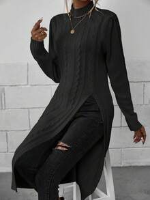 EMERY ROSE Casual Solid Color Stand Collar High Slit Sweater, Autumn/Winter - Black - View 6