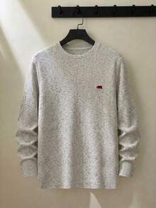 ESTAVOR Men's Soft Skin-Friendly Crew Neck Tee Waffle Rib Yarn-Dyed Random Print & Bear Embroidery - Apricot - View 1