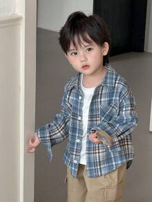 Dazy Kids 男童格子领休闲长袖上衣 - 藍色 - 查看 2