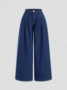 SHEIN MOD 女士休闲褶裥阔腿牛仔裤，新年优雅派对牛仔裤，度假蓝色时尚阔腿牛仔裤 - 深色水洗藍 - 查看 8