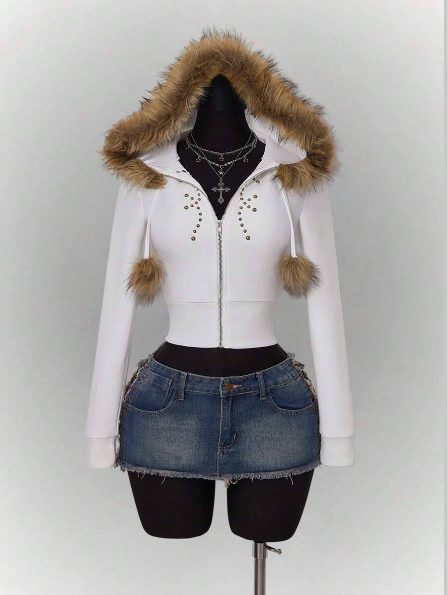 SHEIN ICON Áo nỉ dài tay màu trắng có mũ trùm đầu, khóa kéo, họa tiết quả cầu lông, phong cách Gothic Boho Y2K dành cho nữ, thích hợp đi học. - trắng - Xem 1
