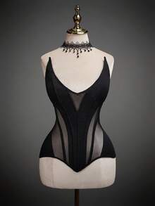 SHEIN ICON 女士性感透视腰部拼接网纱抹胸上衣 - 黑色 - 查看 3