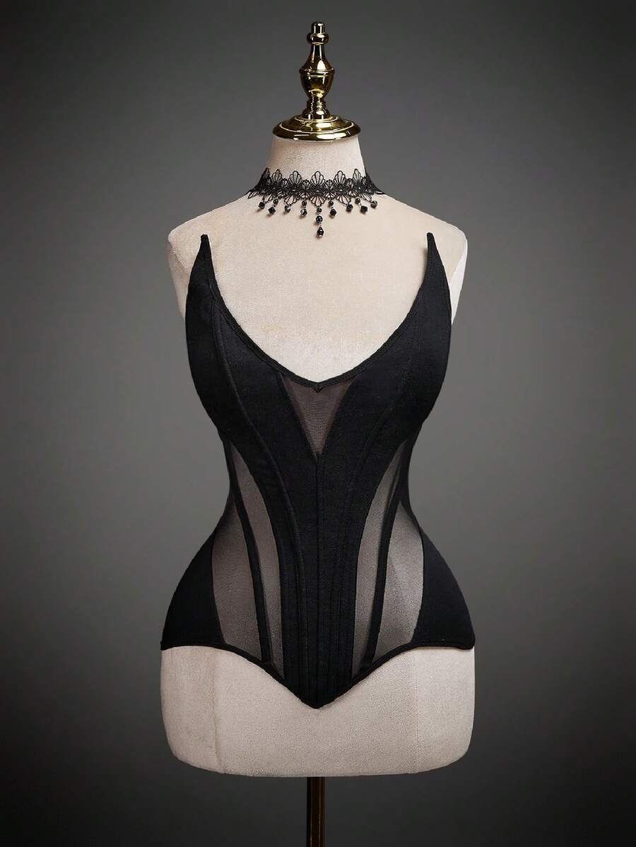 SHEIN ICON 女士性感透视腰部拼接网纱抹胸上衣 - 黑色 - 查看 1