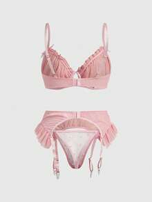 ROMWE Kawaii 3件套可爱性感植绒爱心提花钢圈文胸、丁字裤和吊袜带内衣套装 - 粉色 - 查看 2