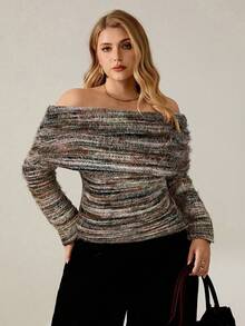 Auralis Pink And Grey Plus Size Women Elegant Off-Shoulder Ruched Knit Sweater,Casual Everyday Y2K Fitted Faux Fur Pullover For Autumn,Spring Long Sleeve Tops - Green - View 6