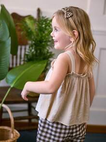 Blossori 2pcs Vintage Floral Decor Camisole Top And Brown Plaid Ruffle Hem Pants Set For Young Girls, Suitable For Spring/Summer And Outdoor Vacation - Brown - View 2