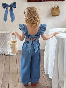 LMoss Kids 女童牛仔连体裤，饰有3D蝴蝶结和荷叶袖，蓝色 - 淺色水洗藍 - 查看 1