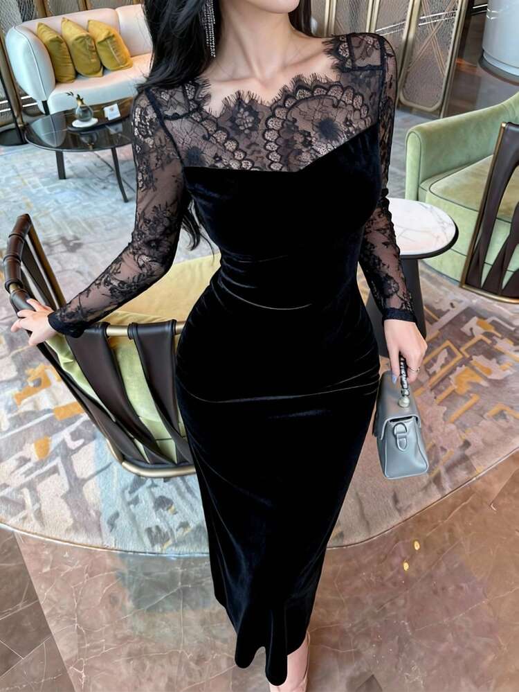 Tall Women's Lace Patchwork Backless Hollow-Out Elegant Velvet Casual Long Bodycon Dress Maxi Dress