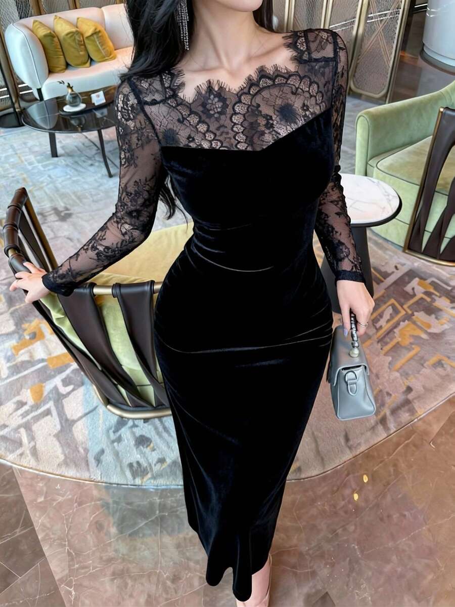 Dazy Tall Tall Women's Lace Patchwork Backless Hollow-Out Elegant Velvet Casual Long Bodycon Dress - Black - View 1