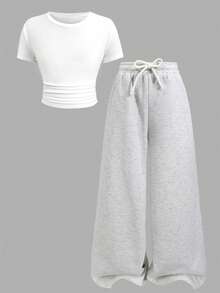 SHEIN Tween Girls' Summer Casual Solid Color Ruffle Short Sleeve T-Shirt And Wide Leg Pants Set - Grey - View 7