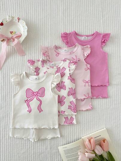 Souflis Souflis 8pcs/Set Baby Girls 0-3 Years Spring/Summer Casual Daily Wear Cute Ballet Girl Sleeveless Tee Shirt & Shorts 8pcs Outfit Set