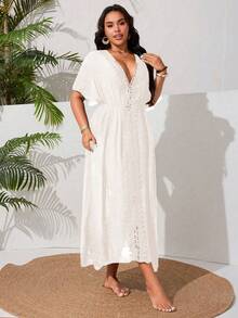 Swim Vcay Plus Size Women's Casual Vacation Beach Dress With Side Slit And Lace Patchwork - Apricot - View 4