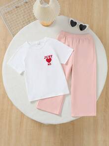 Genkimix Kids Set casual pentru fete, 2 buc., top cu mânecă scurtă și guler rotund, croială lejeră, cu imprimeu cu litere și inimioare "JUST ME", pantaloni roz cu curea, stil drăguț și dulce, potrivit pentru ținute casual de primăvară/toamnă, ținute de sărbători - alb - Vizualizare 1