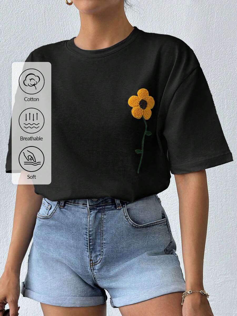 EURMUSE 100%纯棉白色T恤，带刺绣细节