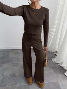 EURMUSE Women 2 Piece Casual Long Sleeve Top And Pants Set - Brown - View 5