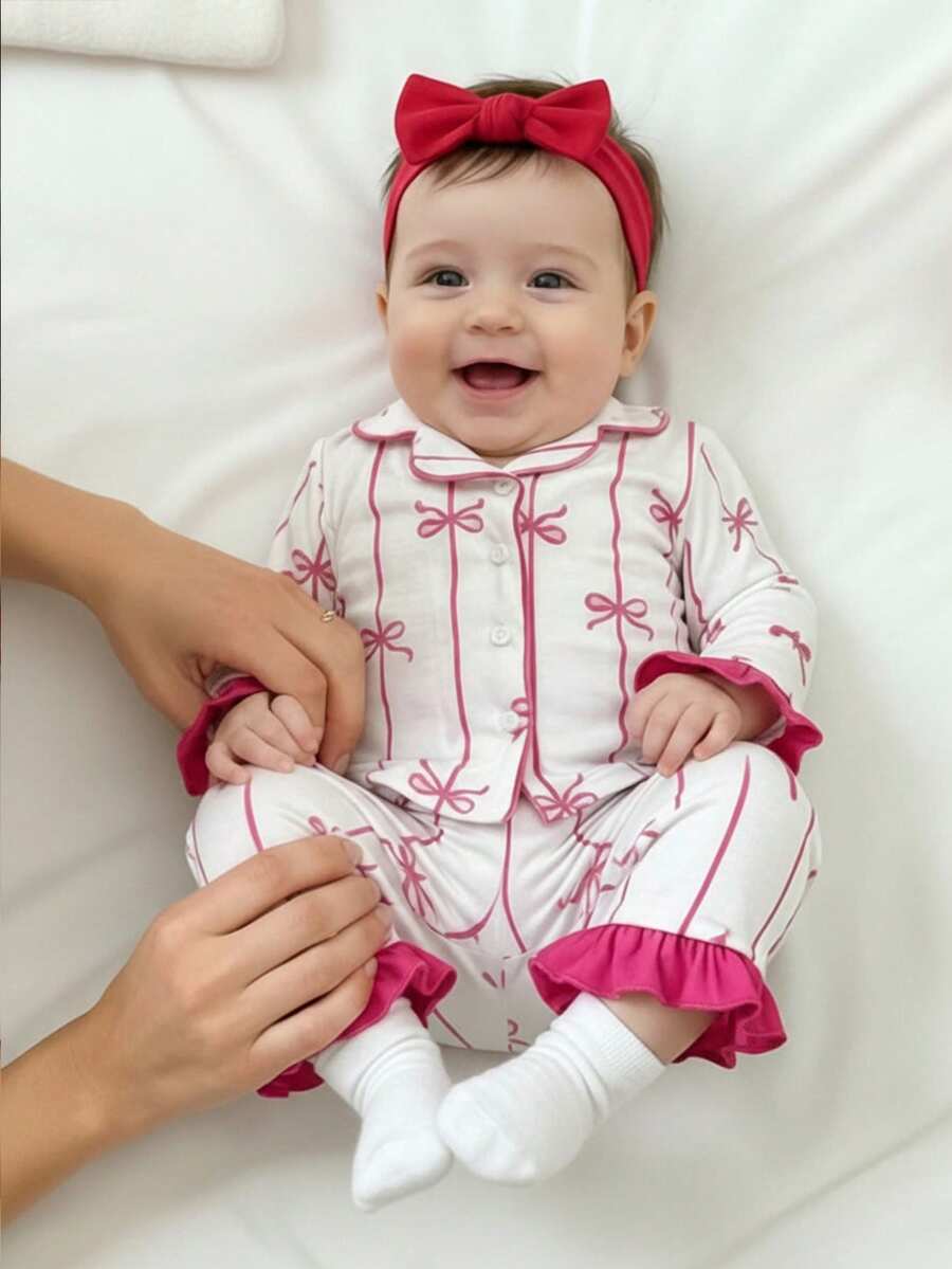 SHEIN 可爱休闲针织粉色蝴蝶结荷叶边长袖睡衣套装，适合女宝宝 - 粉色 - 查看 1